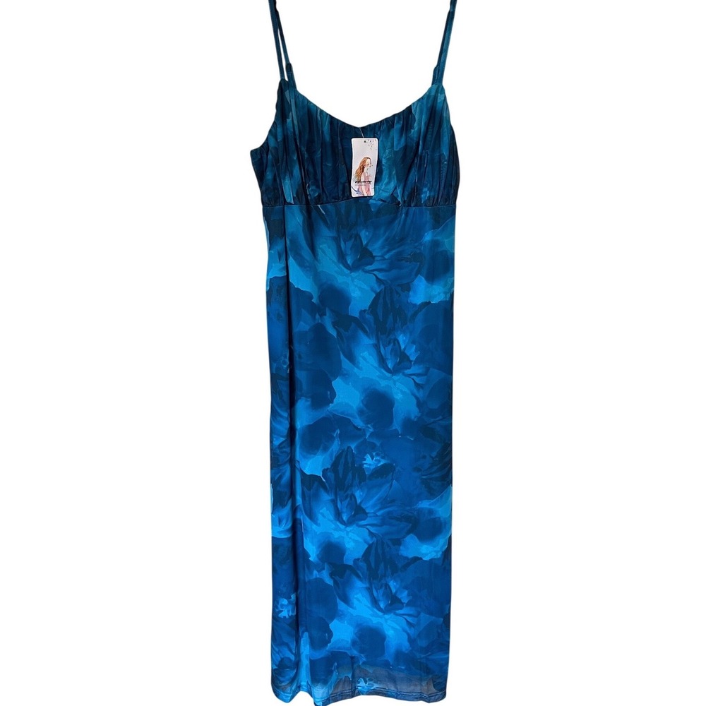 PrettyGarden Blue Floral Mesh Bodycon Maxi Dress Plus Size XXL Ruched